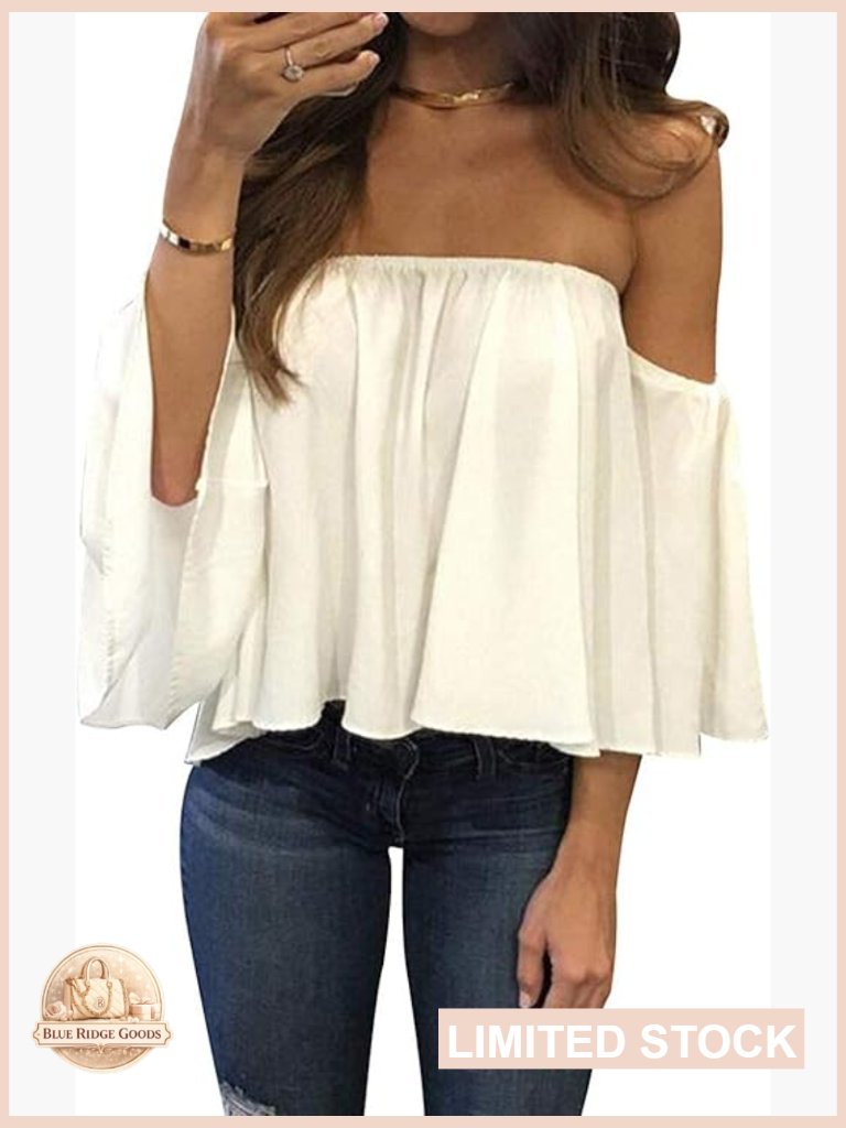 Off Shoulder Ruffled Chiffon Blouse Short Sleeve Casual Tunic Tops Summer Beach